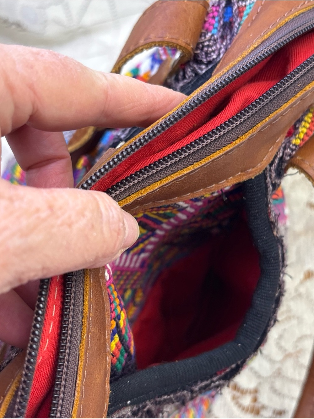 Nena & Co. Large Huipil Textile Convertible Backpack Crossbody Leather - Picture 10 of 14